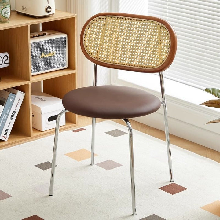 Contemporary Vintage Round Rectangular Rubberwood Plywood Iron Faux Leather PE Rattan Dining Chair Backrest For Dining Room