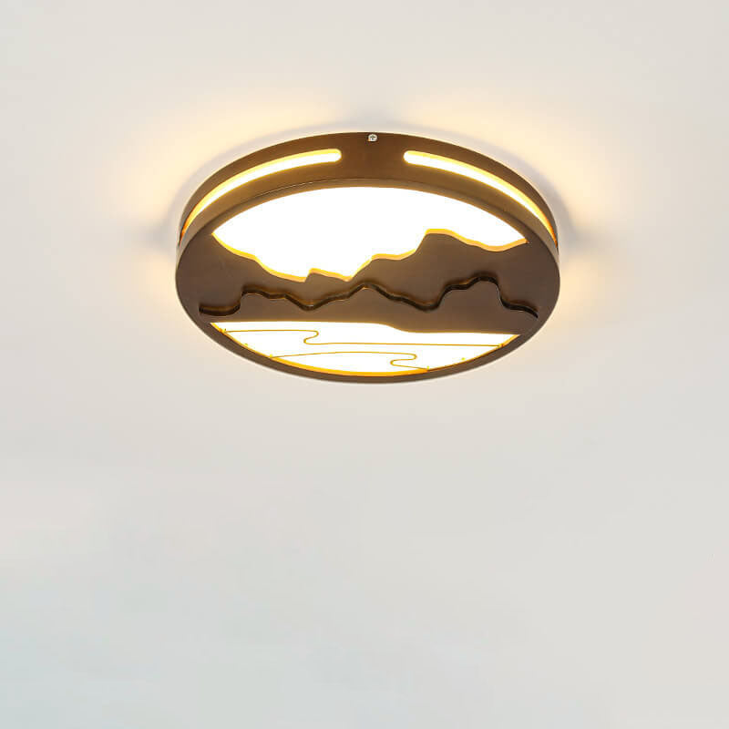 Modern Chinese Wooden Round Mountain Design LED Flush Mount Ceiling Light