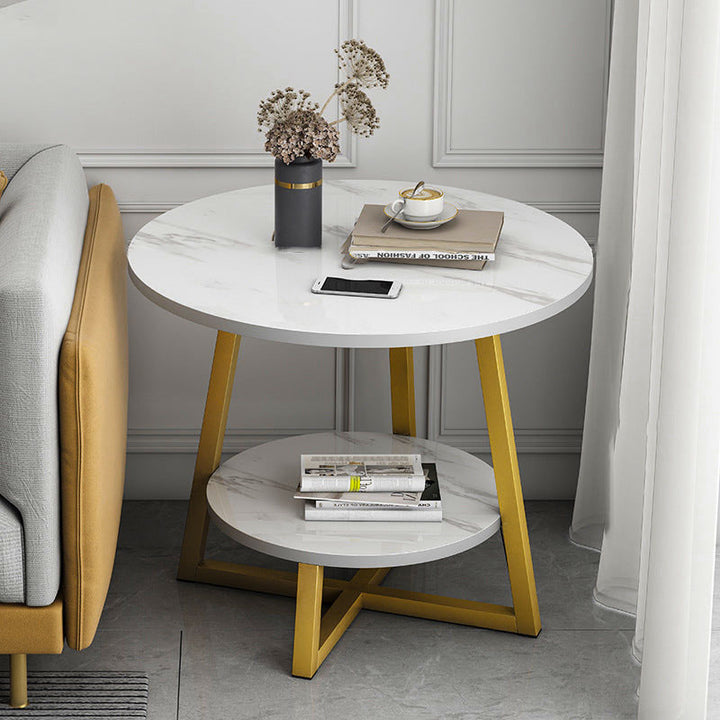 Modern Simplicity Round MDF Iron Base Side Table 2-Tier For Living Room