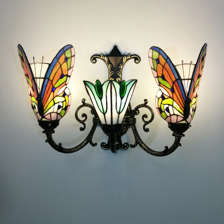 Traditional Tiffany European Butterfly Alloy Iron Glass 3-Light Wall Sconce Lamp For Hallway