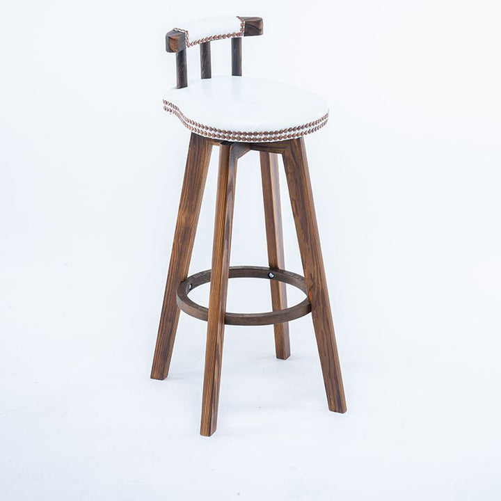 Tabouret de bar pivotant contemporain rétro rond en similicuir avec pieds en bois, dossier bas et repose-pieds pour salle à manger 