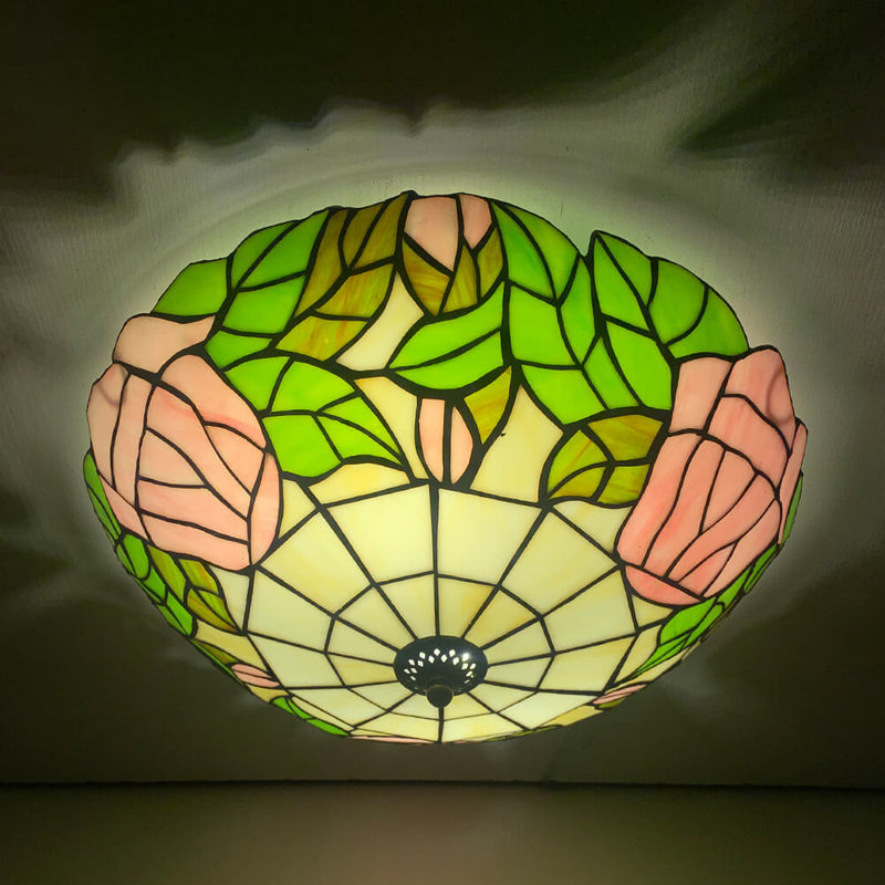 Lámpara de Techo Empotrada de Vidrio Tiffany Tradicional con Abalorios Redondos de Concha y 2 Luces para el Pasillo 
