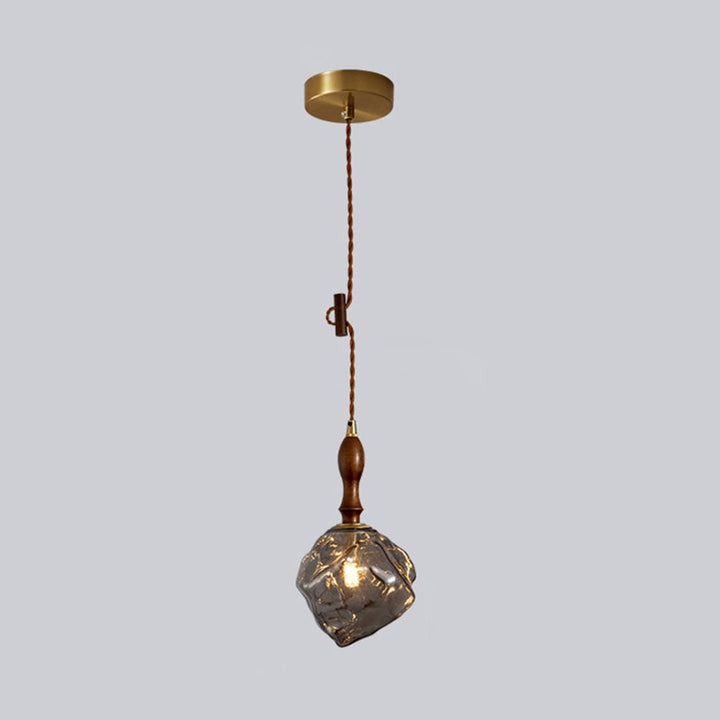 Traditional Vintage Irregular Ice Cube Shape Glass Aluminum Wood 1-Light Pendant Light For Living Room