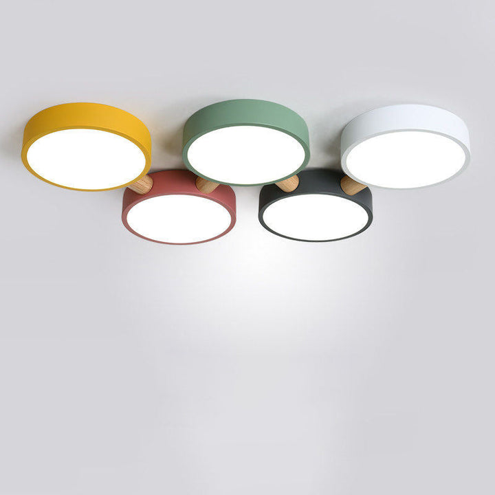 Plafonnier LED moderne scandinave macaron fer géométrique rond abat-jour en bois pour chambre à coucher 