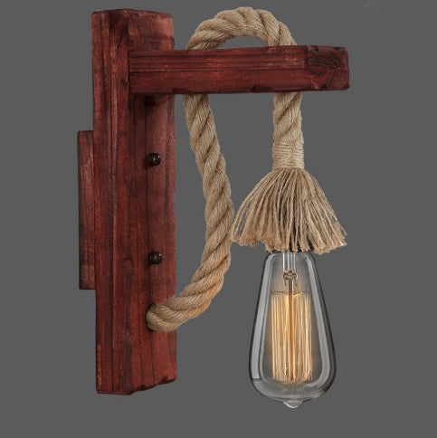 Lámpara de Aplique de Pared de 1 Luz con Colgante Cúbico de Vidrio de Hierro con Cuerda de Cáñamo de Madera Industrial Contemporánea para Pasillo 
