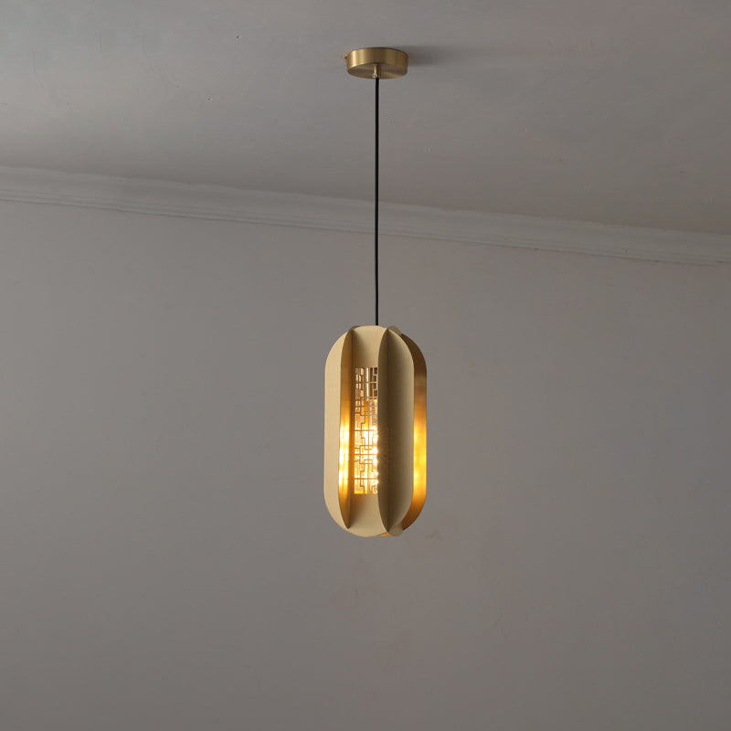 Traditional Chinese Copper Glass Cylinder Elliptical Hollow 1/3/6 Light Chandelier For Entryway