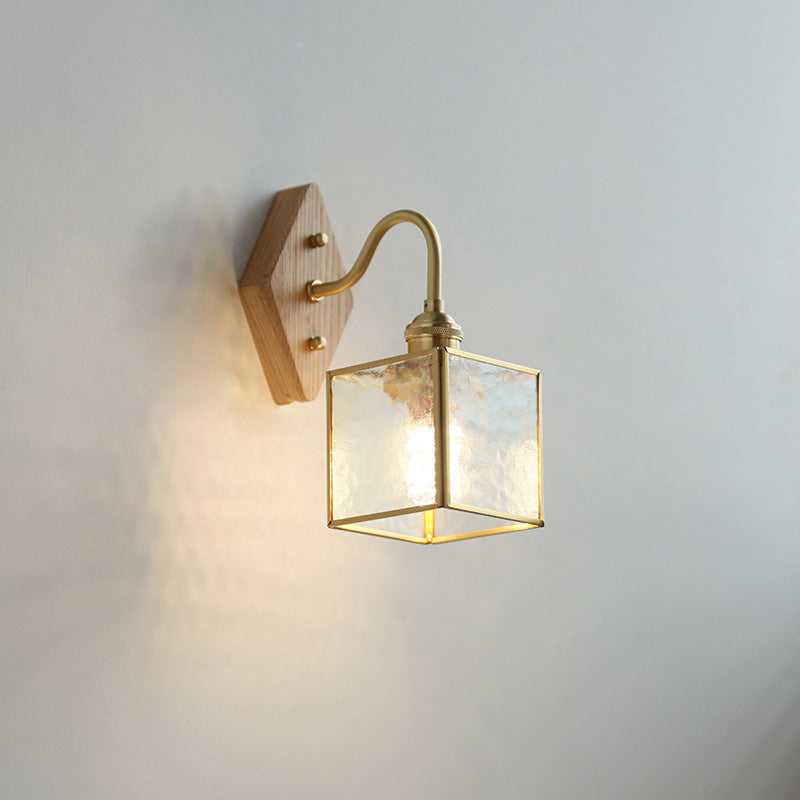 Applique Murale Traditionnelle Vintage Carrée en Verre de Cuivre et Bois à 1 Lumière pour Chambre 