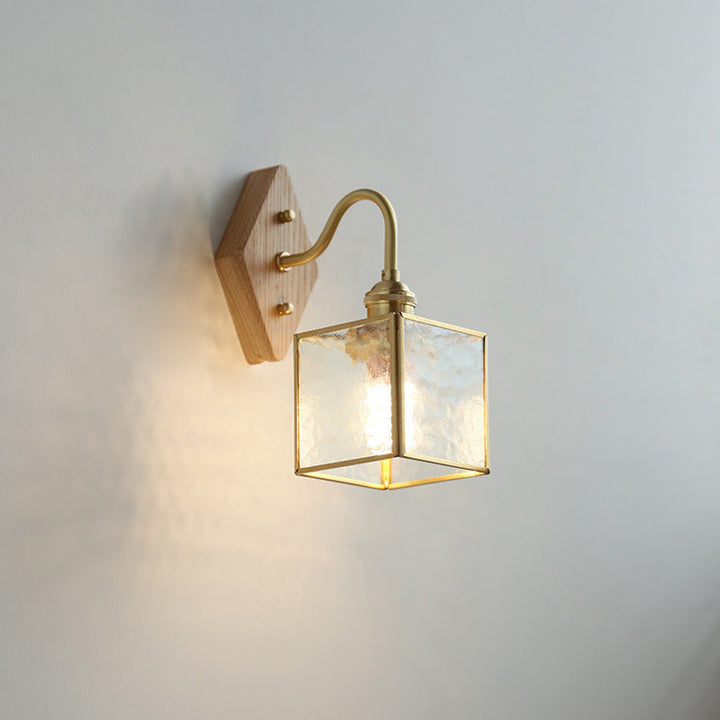 Applique Murale Traditionnelle Vintage Carrée en Verre de Cuivre et Bois à 1 Lumière pour Chambre 