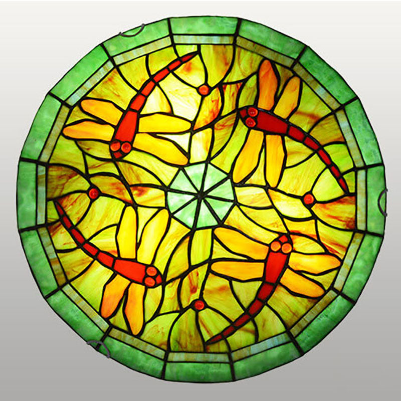 Vintage Tiffany Dragonfly Flower Round Stained Glass 2/3 Light Flush Mount Ceiling Light