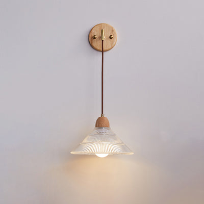 Zeitgenössische Retro Zylinder Blütenblatt Kegel Massivholz Glas 1-Licht Wandleuchte Lampe für Schlafzimmer 