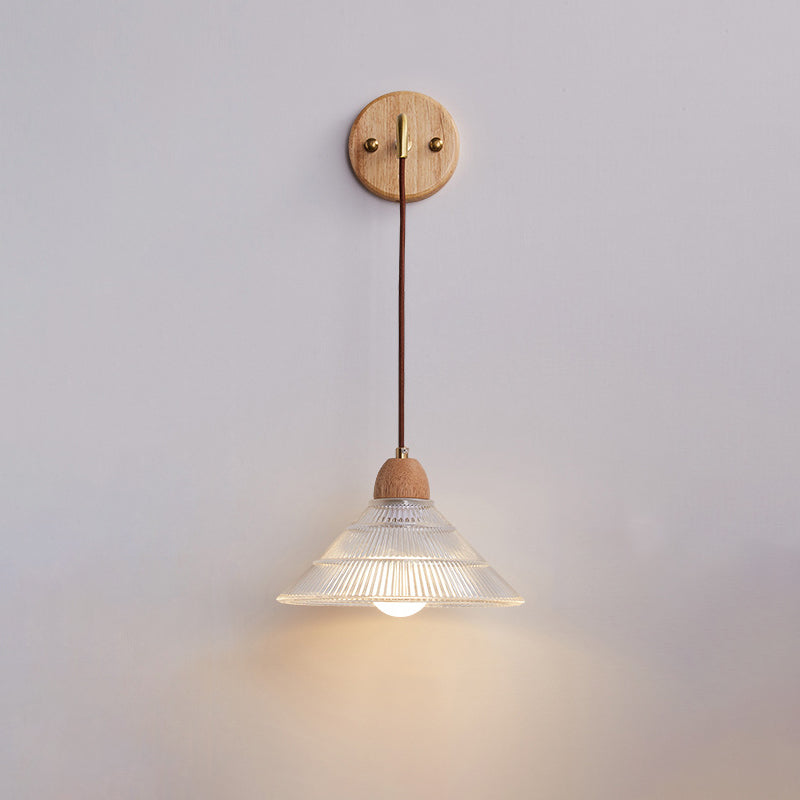 Zeitgenössische Retro Zylinder Blütenblatt Kegel Massivholz Glas 1-Licht Wandleuchte Lampe für Schlafzimmer 