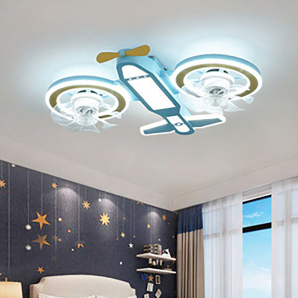 Ventilador de techo con luz LED de varillas contemporáneas creativas para niños, avión, para dormitorio 