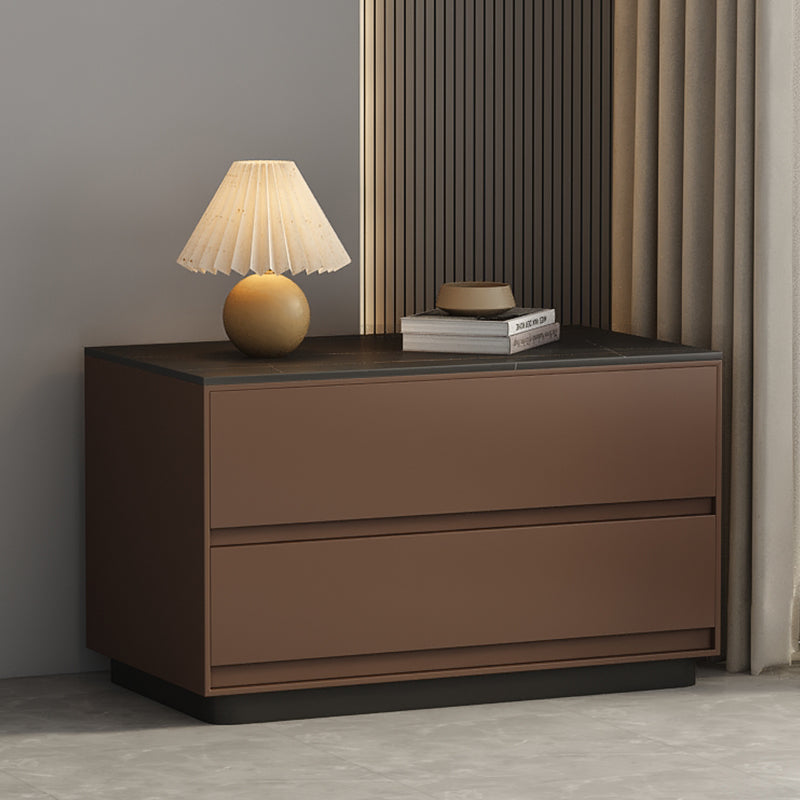 Table de nuit moderne minimaliste rectangulaire en bois massif avec dalle de pierre à 2 tiroirs pour chambre 