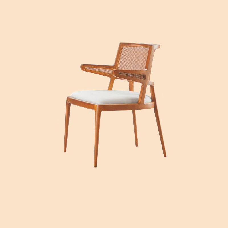 Silla de comedor de madera tapizada en cuero de microfibra cuadrada retro contemporánea con respaldo de ratán para comedor 