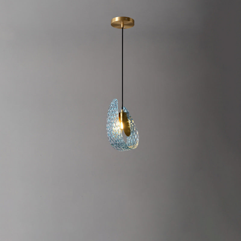 Zeitgenössische Luxus-Pendelleuchte aus gebogenem strukturiertem Glas und Messing mit 1 Licht für das Wohnzimmer 