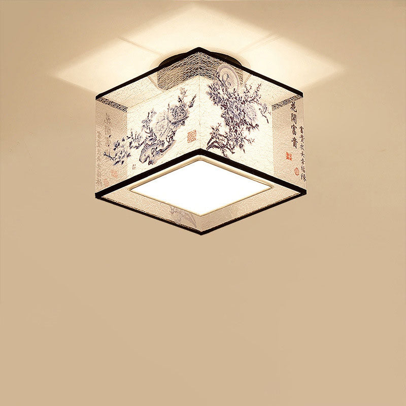 Traditional Chinese Square Iron Fabric 1-Light Semi-Flush Mount Ceiling Light For Hallway