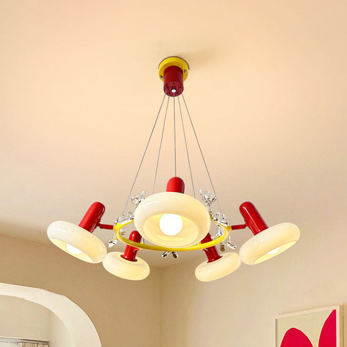 Lámpara de araña contemporánea con anillo de hierro nórdico y pantalla de vidrio de conejo de 3/5/6 luces para sala de estar 