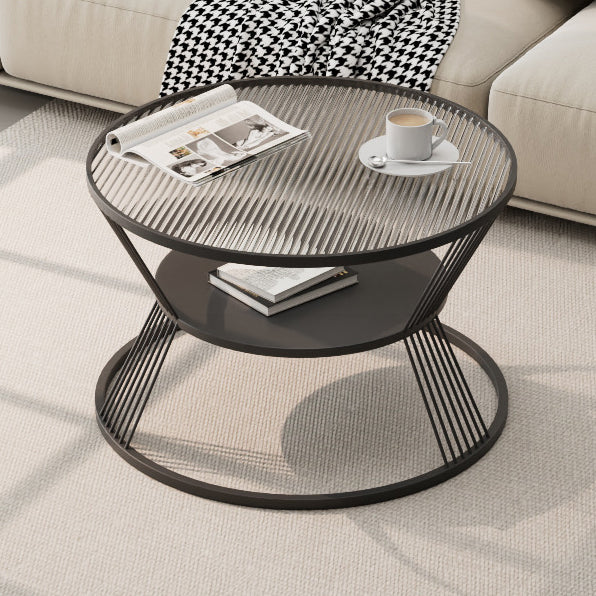 Mesa de café moderna minimalista redonda en forma de reloj de arena de vidrio y hierro de 2 niveles para sala de estar 
