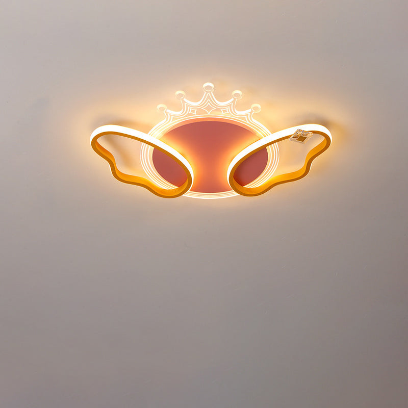Modern Art Deco Butterfly Crown Round Acrylic Iron LED Flush Mount Ceiling Light For Bedroom