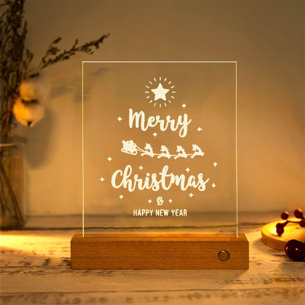 Moderne Weihnachtsrechteckige Acrylplatte Massivholz USB LED Tischlampe 