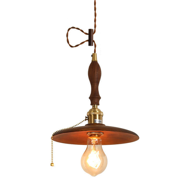Contemporary Retro Ash Wood Copper Round Dish Irregular Grain 1-Light Pendant Light For Dining Room