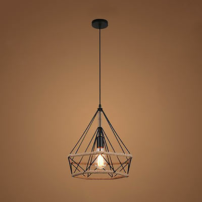 Luz colgante de 1 luz con hoja de sakura de diamante de vegetación simulada de cuerda de cáñamo de hierro retro contemporáneo para comedor 