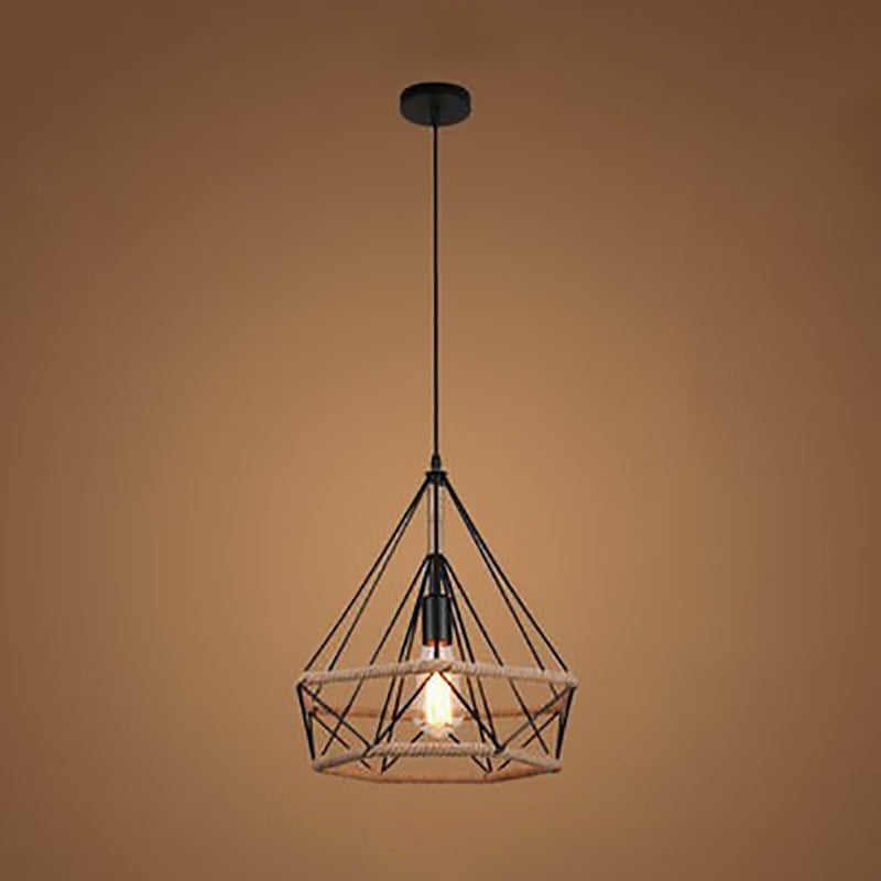Luz colgante de 1 luz con hoja de sakura de diamante de vegetación simulada de cuerda de cáñamo de hierro retro contemporáneo para comedor 