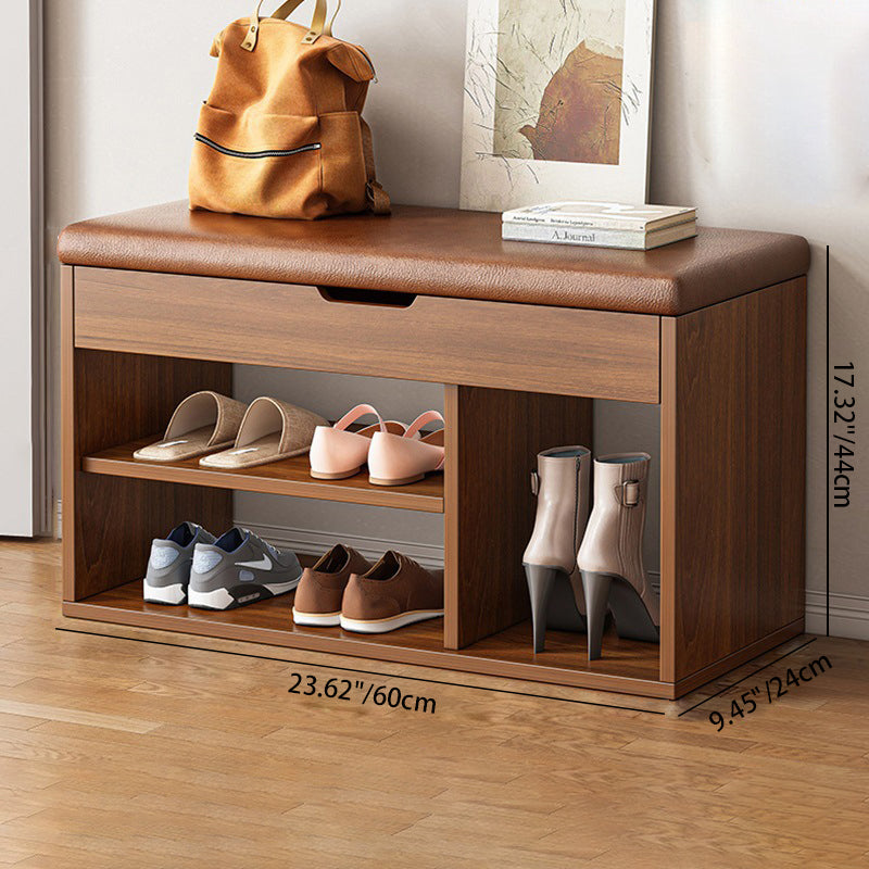 Rangement à chaussures moderne minimaliste rectangulaire en tissu, cuir PU et bois à 3 niveaux pour entrées 