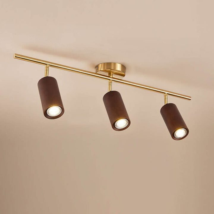 Modern Minimalist Walnut Wood Spotlight Linear Track Rubberwood Iron LED Semi-Flush Mount Ceiling Light for Living Room