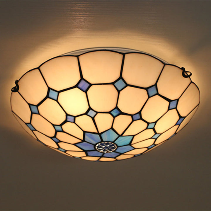 Traditionelle Tiffany Mittelmeer Runde Buntglas 3-Licht Unterputz Deckenleuchte für Wohnzimmer 