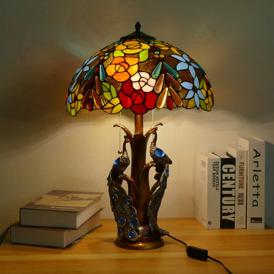 Vintage Tiffany Stained Glass Dome Peacock Base 2-Light Table Lamp