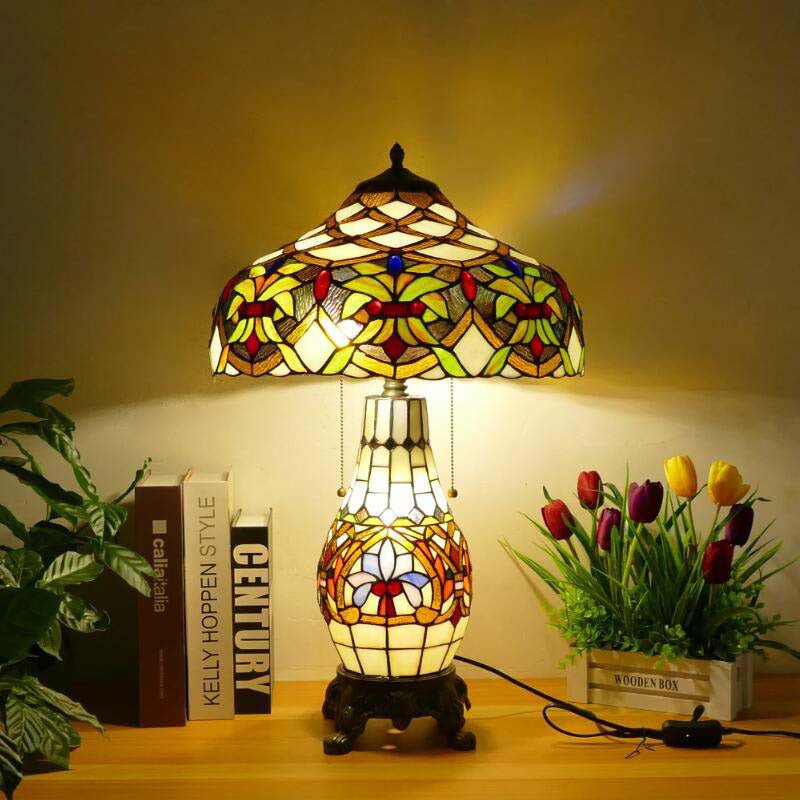 Traditional Tiffany Baroque Umbrella Resin Stained Glass 3-Light Table Lamp For Bedroom
