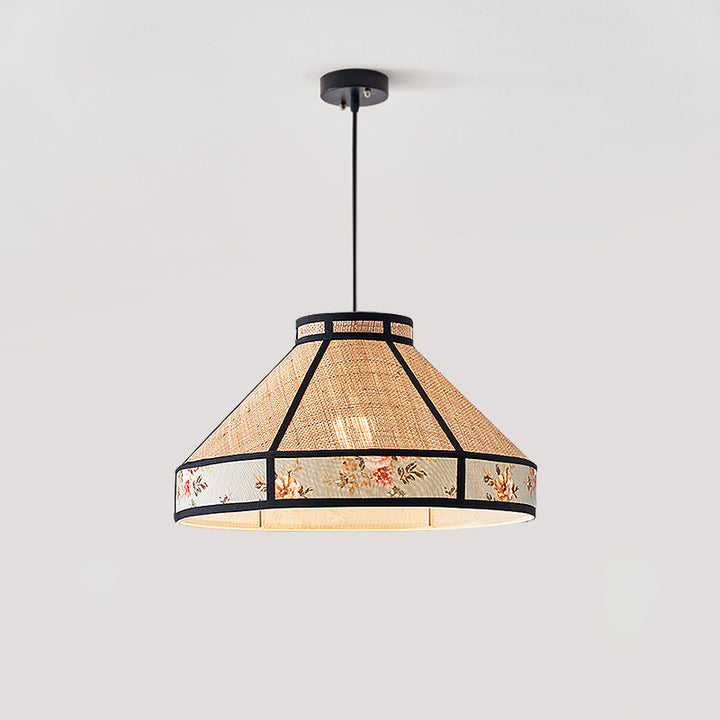 Zeitgenössische Vintage Runde Kegel Bast Hardware 1-Licht Pendelleuchte für Wohnzimmer 