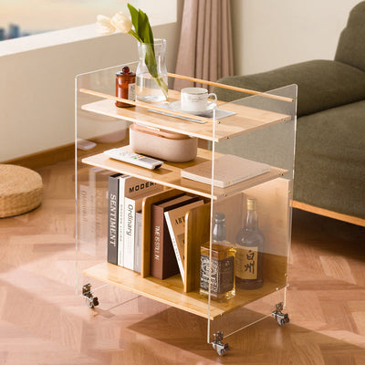 Table d'appoint rectangulaire en bois et acrylique de simplicité moderne avec étagères de rangement à 3 niveaux pour le salon 