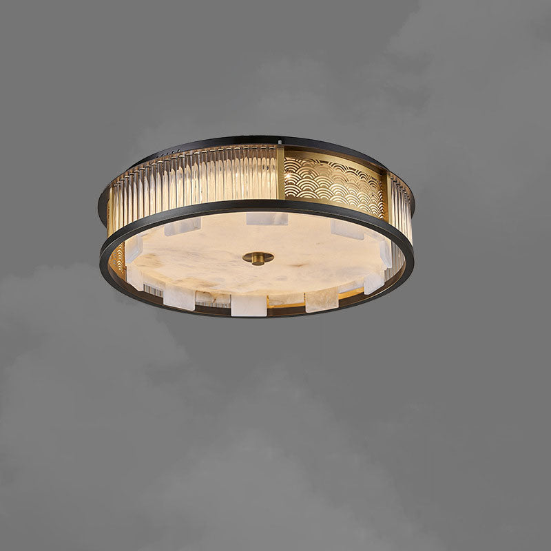 Traditional Chinese Marble Stainless Steel Copper Glass Rods Marble Round LED Flush Mount Ceiling Light For Living Room