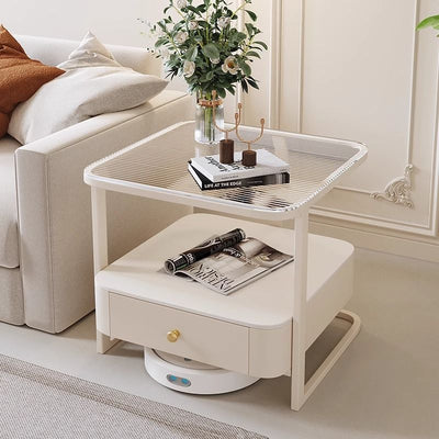 Mesa auxiliar contemporánea nórdica cuadrada de vidrio, metal y madera de 2 niveles para sala de estar 