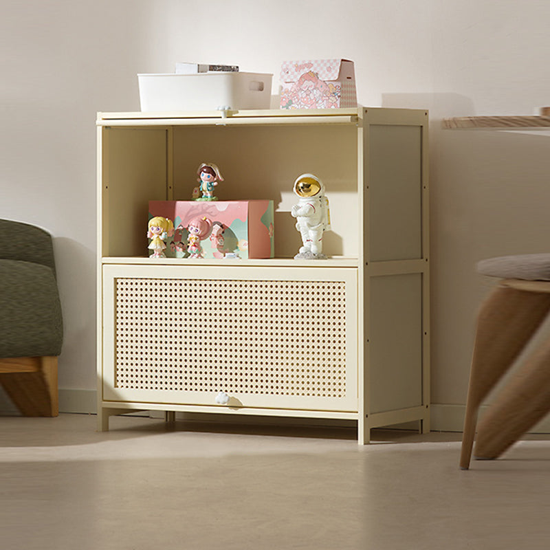 Armoire de rangement rectangulaire blanche en MDF bambou au design moderne et épuré, avec porte rabattable en rotin, 2 à 5 niveaux, pour salon et bureau 