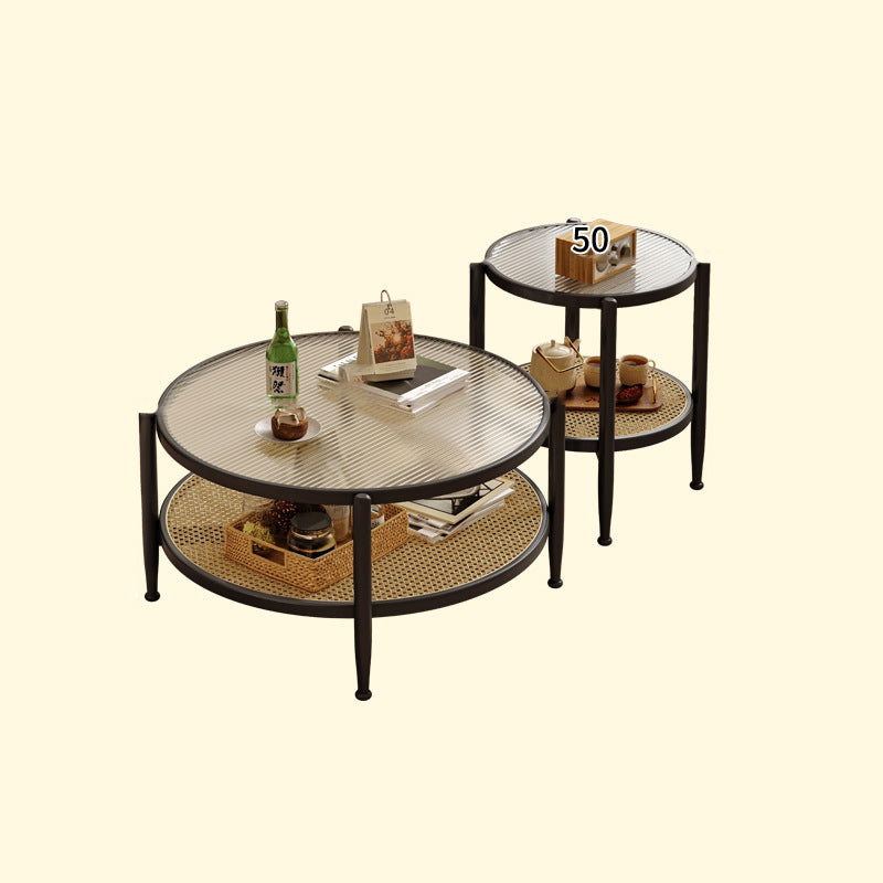Traditioneller japanischer runder Glastisch aus Rattan und massivem Holz mit 2 Ebenen für das Wohnzimmer 