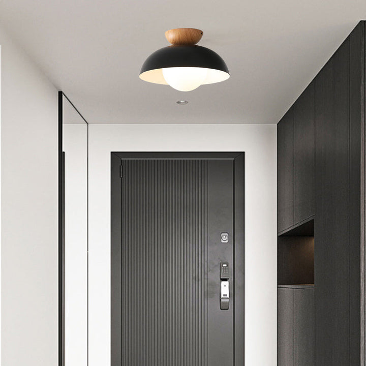 Modern Minimalist Round Bowl Wood Iron 1-Light Semi-Flush Mount Ceiling Light For Bedroom