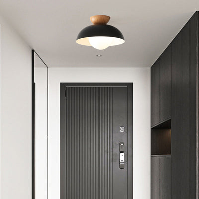 Plafonnier semi-encastré moderne minimaliste en bois et fer avec bol rond à 1 lumière pour chambre 