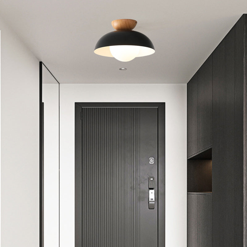 Plafonnier semi-encastré moderne minimaliste en bois et fer avec bol rond à 1 lumière pour chambre 