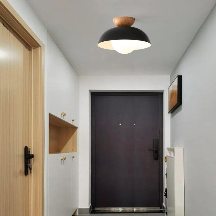 Modern Minimalist Round Bowl Wood Iron 1-Light Semi-Flush Mount Ceiling Light For Bedroom