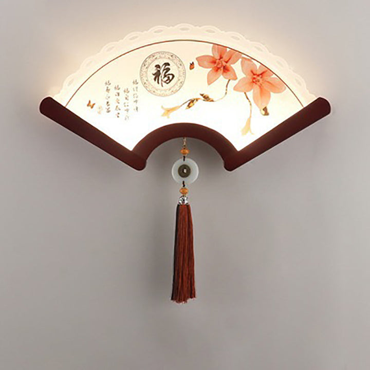 Aplique de pared LED con pantalla de elementos de planta acrílicos festoneados tradicionales chinos y borde de madera para sala de estar 