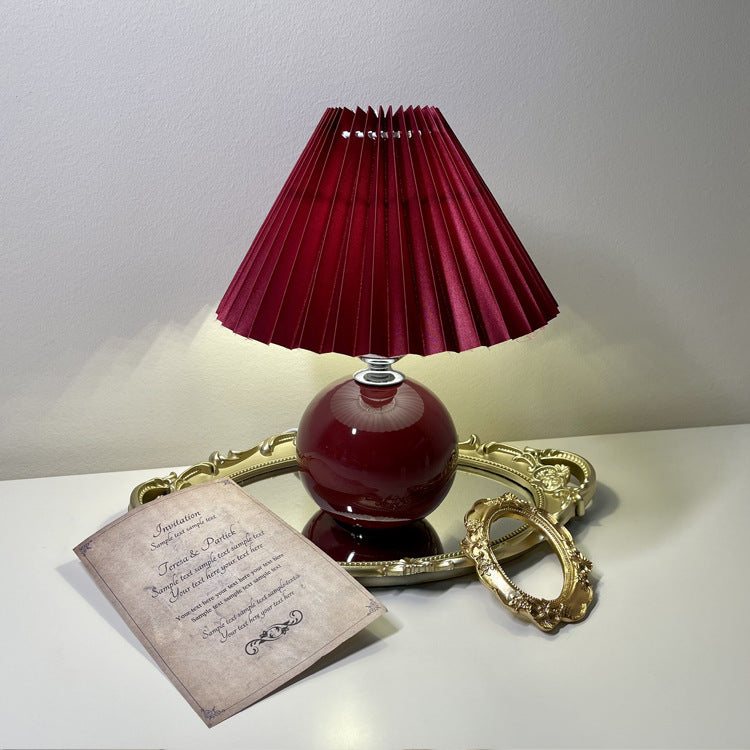 Modern Minimalist Round Fabric Pleated Ceramic 1-Light Table Lamp For Bedroom
