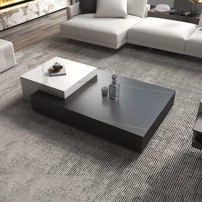 Mesa de café de madera rectangular cuadrada minimalista moderna con placa de piedra y 4 cajones para sala de estar 