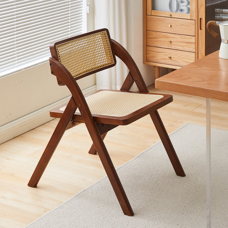 Silla de comedor vintage tradicional cuadrada de ratán PE y madera de caucho con respaldo para comedor 