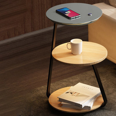 Table de chevet contemporaine nordique ronde en noyer et marbre avec fer, charge sans fil pour téléphone mobile, 2 niveaux pour le chevet 