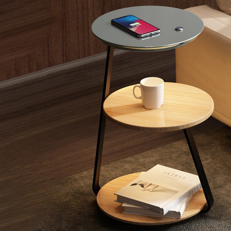 Table de chevet contemporaine nordique ronde en noyer et marbre avec fer, charge sans fil pour téléphone mobile, 2 niveaux pour le chevet 