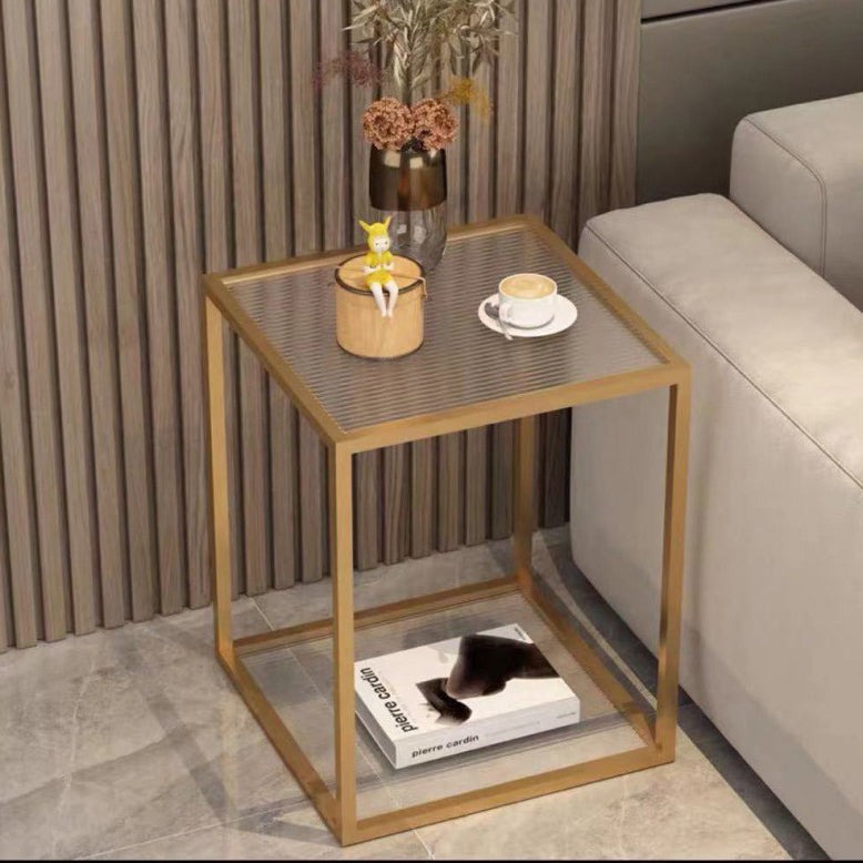Table de chevet contemporaine scandinave carrée en verre, bois massif, fer et dalle de roche avec 1 tiroir pour chambre 