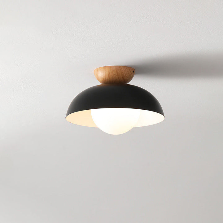 Modern Minimalist Round Bowl Wood Iron 1-Light Semi-Flush Mount Ceiling Light For Bedroom